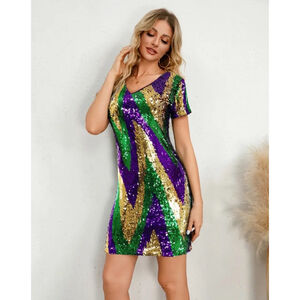 Glamorous Sequin Mini Dress - Green, Purple, Gold